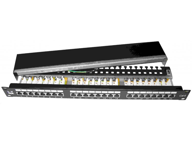 19" Patch panel LYNX 24port, STP, Cat6, 30µm, dvojitá svorkovnica, čierny