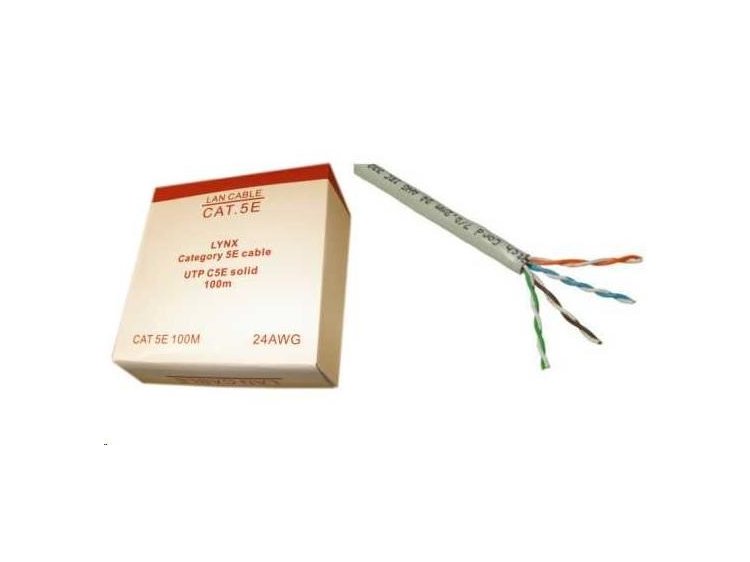 UTP kabel LYNX, Cat5E, drát, PVC, Dca, šedý, 100m