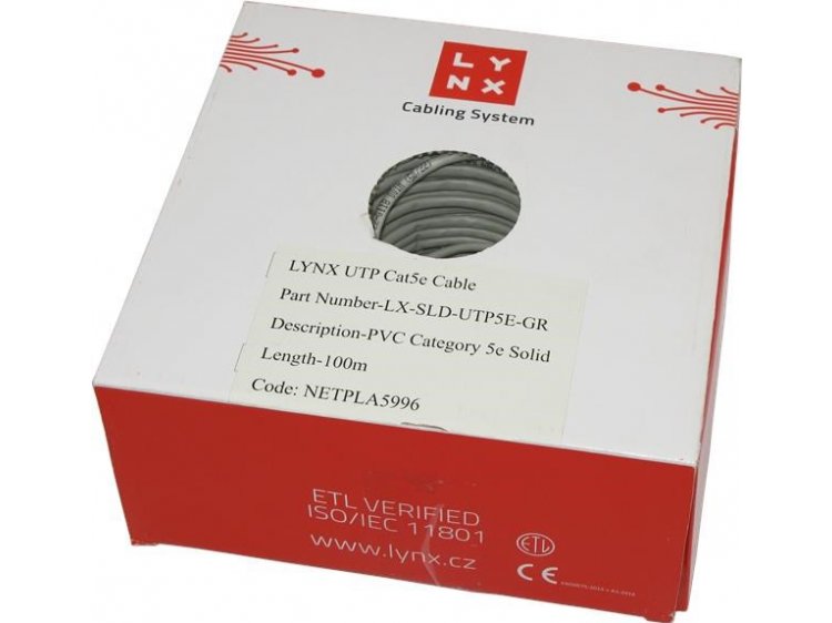 UTP kabel LYNX, Cat5E, drát, PVC, Dca, šedý, 100m